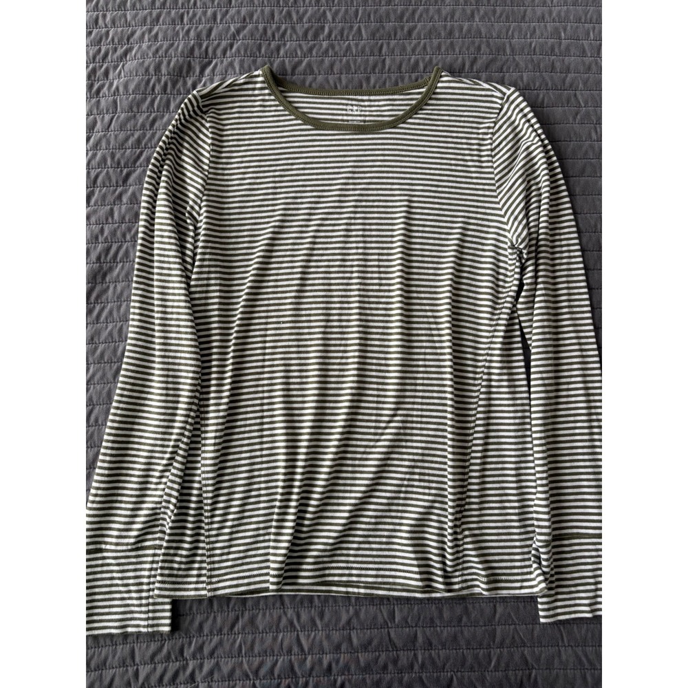 Gap Feather Tee Womens Large L Olive Green White Striped Long Sleeve Crew Neck - Picture 2 of 7